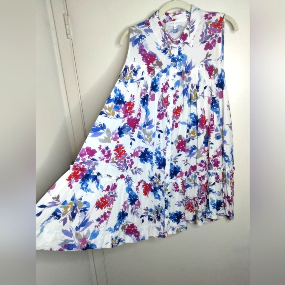 White|Closet (Sz 10) Multicolor Floral Button Down Slip Pocket Sleeveless Dress
